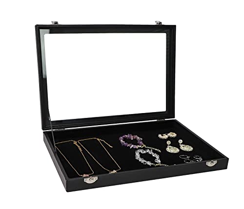 Wudygirl Jewelry Organizer Velvet Jewelry Tray Showcase Display Case Storage Necklace Bracelet Ring Earring Organizer Box Stackable Clear Lid Lock(Multi Jewelry Box) - style: Empty Tray