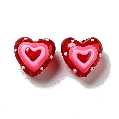 DanLingJewelry 10Pcs Handmade Lampwork Glass Red Heart Beads Colorful Bumpy Glass Heart Loose Beads for DIY Jewelry Making Craft - color: Red
