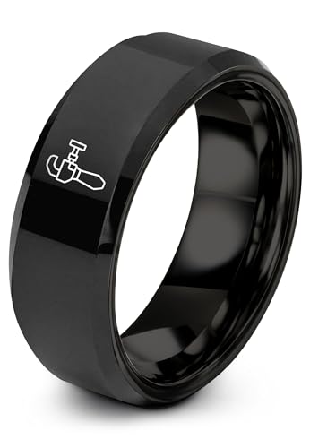 Chain Tool Ring - Gift for Cyclist - 8mm - Band - Gunmetal Black Silver - Personalized Custom Engraving - Men Women - Anniversary Engagement Wedding - Tungsten Carbide - Flat Dome Bevel - color: 14 - Black Tungsten