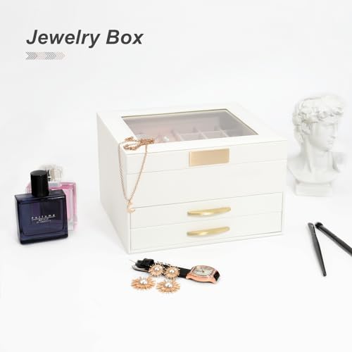 Jewelry Organizer Box with Glass Lid, Women Jewelry Box White Jewelry Case 3-Layer with 2 Drawers, Jewelry Organizer Jewelry Box, Glass Lid White - color: A Glass Lid White