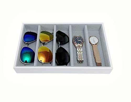5 Slot PU Leather Drawer Divider Eyewear Jewelry Accessary Storage Sunglasses Jewelry Tray Organizer Show Tray Home Organization Drawer Closet Divider - color: White and Gray