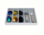 5 Slot PU Leather Drawer Divider Eyewear Jewelry Accessary Storage Sunglasses Jewelry Tray Organizer Show Tray Home Organization Drawer Closet Divider - color: White and Gray