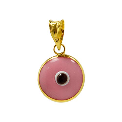 MIZZE Made for Luck Gold Plated 925 Sterling Silver 10 MM Round Glass Evil Eye Charm Pendant - 7 Colors to Choose from - color: Pink