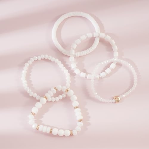 RISHEGAE Heishi Beaded Stretch Bracelets for Women Stackable Polymer Clay Beads Bracelets Friendship Boho Summer Beach Bracelet Jewelry Set - color: B-White Bracelet
