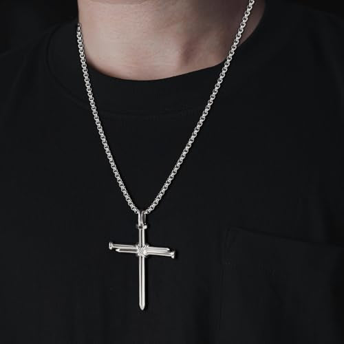 2 Pcs Vintage 3 Nail Cross Necklace for Men,24 Inch Stainless Steel Strength Bible Verse Pendant,Black Silver Gifts for Men