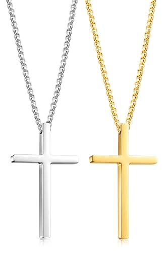 Romass 2 Pcs Cross Necklace for Men Boys,Stainless Steel Pendants Silver Black Gold Crosses Chain Jewelry Gifts Box 16-30 inches - size: 30 in, style: 2Pcs(silver+gold) 1.2 "* 0.7'' pendant