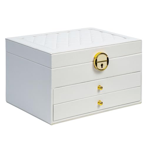 coobest 3 Layer Jewelry Box, Lockable Jewelry Holder Organizer with Jewelry Drawer, Large Jewelry Boxes & Organizer with Velvet Earring Storage, Unique Gifts for Women Mom - color: White, size: 3 Layer