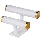 Two-layer T-shaped jewelry organizer, made of textured PU leather, suitable for displaying and organizing bracelets, bangles, and watches. (White and gold) - color: White faux leather
