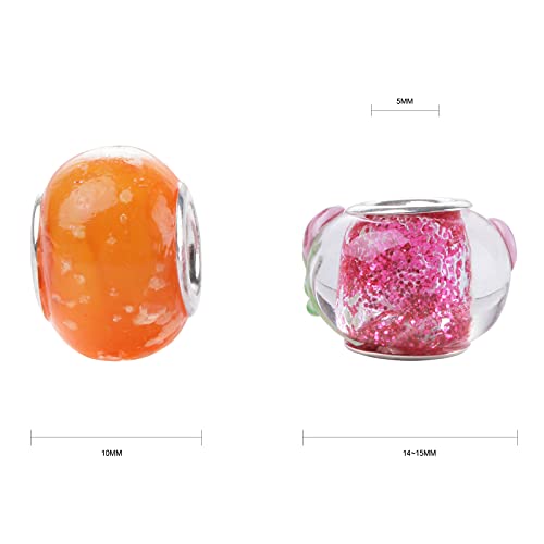Weebee Murano Glass Beads Large Hole Glass Beads European Lampwork Spacer Charms Bead Silver Plated Cores Bracelet Charm for DIY Crafts Jewelry Making 50 Pcs Mixed