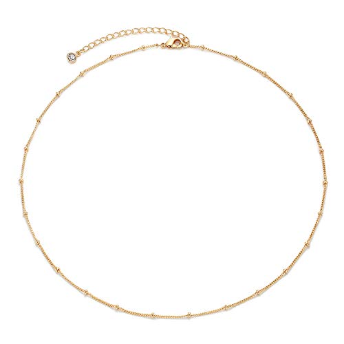 MEVECCO Dainty Gold Chain Choker Necklace 14K Gold Plated Handmade Boho Cute Tiny Beaded Link Choker Necklace Delicate Simple Minimalist Choker Necklace for Women - style: Gold Satellite Bead