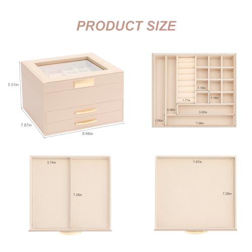 Jewelry Organizer Box, Jewelry Holder Organizer 3 Layers with 2 Drawers, Jewelry Boxes Display Earring Necklace Watch Bracelet and Rings - Glass Lid Apricot - color: A Glass Lid Apricot