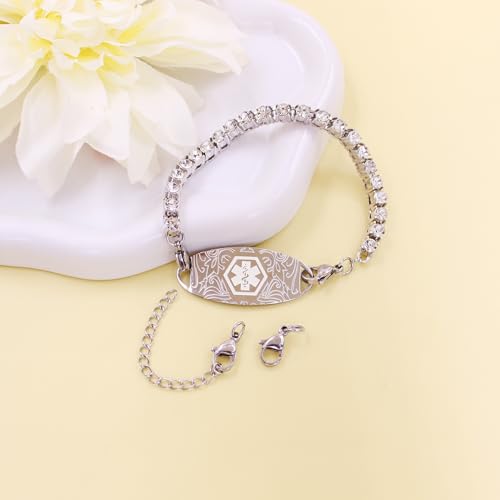 Women's Medical ID Bracelet with White Zircon Tennis Chain, Interchangeable Engraved Plate, Adjustable Lobster Clasp, Lightweight, Hypoallergenic, for Running, Outdoor, Daily Wear - color: White-EPILEPSY