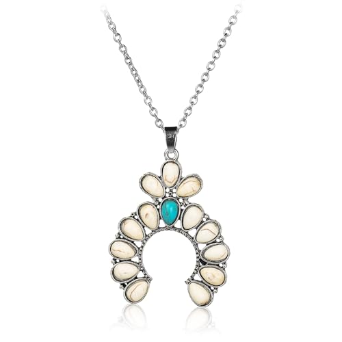 Pingyongchang Natural Turquoise Necklace Boho Bead Silver Cross Vintage Statement Pendant Necklace Handmade Turquoise Western Necklaces Jewelry for Women - color: Flower B white