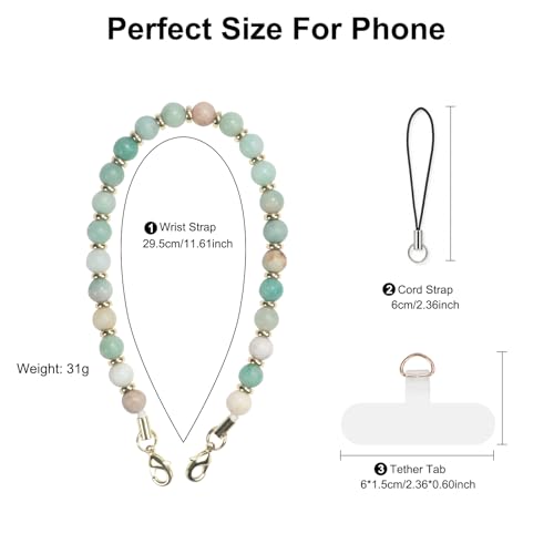 TEAMOLA Natural Stone Phone Charm, Handmade Crystal Cellphone Chain for Universal, Beaded Healing Anti Theft Phone Wrist Strap with Tether Tab, Amazonite - color: Green & Blue