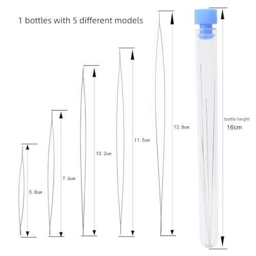 Beading Needles Set for DIY Jewelry Making, 5 Different Sizes, Handmade Bracelet and Necklace Threading Tool, 16cm Bottle with Blue Cap