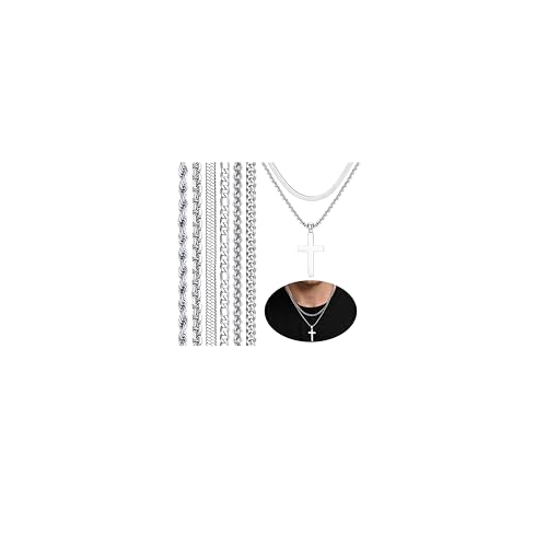 LOYALLOOK 6PCS Silver Chain for Men Women Stainless Steel Cross Chain Layered Cuban Link Figaro Snake Box Chain Cross Pendant Necklace 18-20IN/20-22IN - size: 18inch/20inch