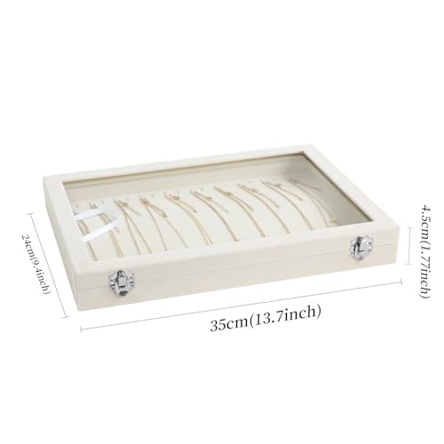 Wudygirl Necklace Organizer with Clear Glass Lid Stackable Jewelry Organizer Tray with 20 Hooks for Necklace Bracelet(Beige Necklace Box) - style: Beige Necklace Tray