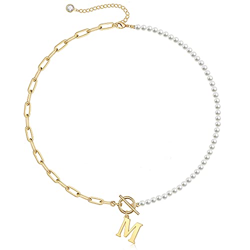 Yoosteel Pearl Initial Necklace for Women, Dainty Pearl Chain Choker Initial Necklaces for Women Toggle Clasp Paperclip Link Chain Necklace Jewelry Gifts - color: Gold, style: M