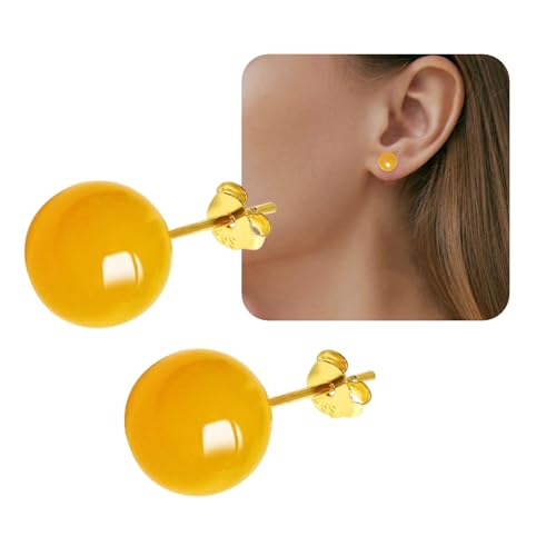 Jade Green Stud Earrings, Natural Round Beaded Agate Emerald Garnet Obsidian Gemstone Ear Studs Ball Jade Jewelry Gift, Green 8mm - color: yellow-8mm