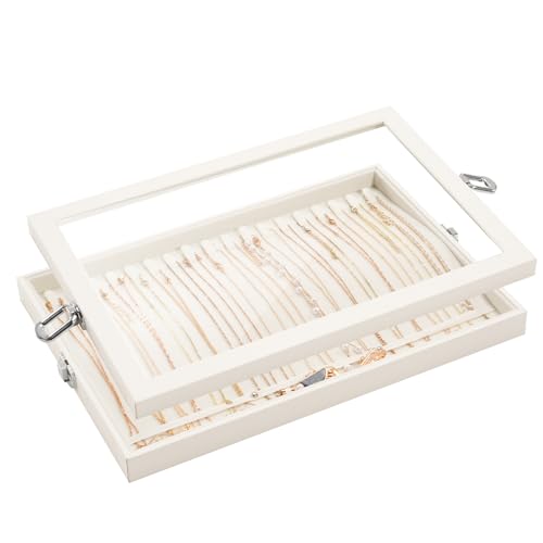 Lolalet Jewelry Organizer Tray with Lid, 18 Hooks Velvet Necklace Organizer Holder Storage Box for Drawer -Beige - style: Necklace