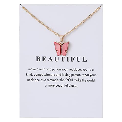 Rrdaily 9 Pcs Dainty Colorful Butterfly Pendant Necklace Set for Women,Bohemian Acrylic Butterfly Chain Necklace Cute Jewelry Gift - style: White card