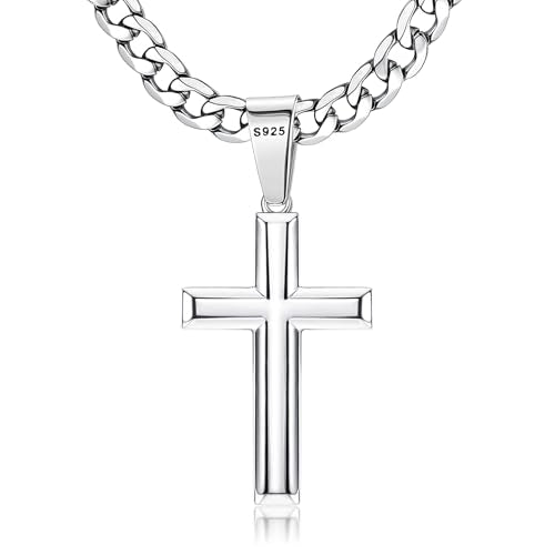 Besteel 925 Sterling Silver Cross Necklace for Men Women - 5mm 316L Stainless Steel Cuban Link Chain - Religious Baptism Easter Spring Cross Pendant Simple Faith Jewelry 16-30 Inches - size: 30 in=76 cm (Ultra Long)