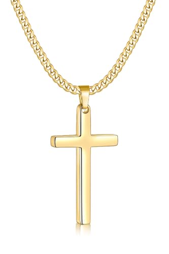 Fiusem Easter Basket Stuffers Cross Necklace for Men and Women, 14K Gold Plated Mens Cross Necklaces with 3.5mm Cuban Chain, Stainless Steel Pendant Chain 16-24 Inches - size: 18 Inches, style: Medium gold cross:1.8"*1.05"