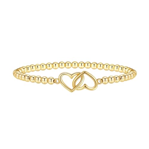 Mothers Day Gifts - Beaded Bracelets for Women 14K Silver Gold Plated Stretch Handmade Ball Bracelets Cute Charm Bracelet Dainty Stackable Cross Heart Bow Wave CZ Circle Trendy Jewelry Easter Gifts - color: double-heart