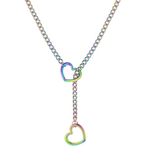 sroyte Heart Slip Chain Necklaces for Women,Stainless Steel O-Ring Adjustable Lariat Y-Necklace,Punk Gothic Cuban Collar Choker Necklace for women - color: Colorful Heart, size: 31"