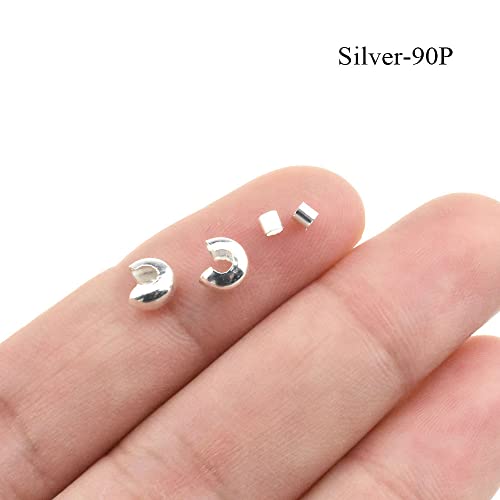 2mm Tiny Tube Crimp Beads and 4mm Crimp Bead Knot Covers Half Round Easy to Position Two Sides Keep Flush Close Neatly Evenly Stop Wire Wear No Irritate for Jewelry Craft Silver 90sets - size: 4mm-2mm-Silver-90Pcs