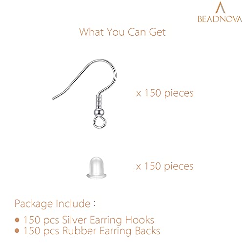 BEADNOVA Fish Hook Earring Hooks 150pcs Earring Findings with Backs for Ear Wire Supplies Ear Post Making DIY (150pcs Silver Earrwires and 150 pcs Backs, Total 300pcs) - color: Silver, size: 150pcs