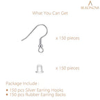 BEADNOVA Fish Hook Earring Hooks 150pcs Earring Findings with Backs for Ear Wire Supplies Ear Post Making DIY (150pcs Silver Earrwires and 150 pcs Backs, Total 300pcs) - color: Silver, size: 150pcs
