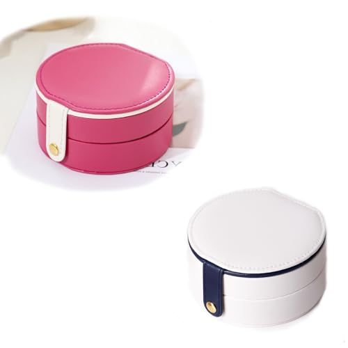 2-Pack Pink & White Travel Jewelry Box, Easy Carried Small Jewelry Organizer for Women Girls, PU Leather Mini Holder Box Storage Case Portable, Necklace, Earring, Rings, Bracelets - color: Pink & White ( Round )