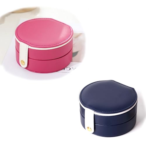 2-Pack Travel Jewelry Box, Easy Carried Small Jewelry Organizer for Women Girls, PU Leather Mini Holder Box Storage Case Portable, Necklace, Earring, Rings, Bracelets, Pink & Blue - color: Pink & Blue ( Round )