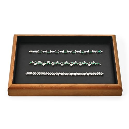Flat Jewelry Display Tray - Solid Wood Stackable Organizer with PU Leather for Rings, Necklaces, Watches - 9.8x6.7 Inch, Black - color: Black, size: Flat Tray