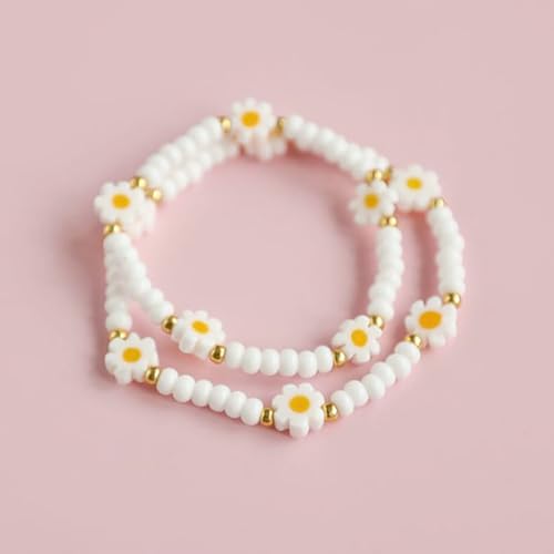 60Pcs Handmade Glass Beads White Daisy Flower Beads Small Beads for Jewelry Making Flat Flower Crystal Loose Spacer Beads for Bracelets Necklace Earrings Making and DIY Craft with Hole