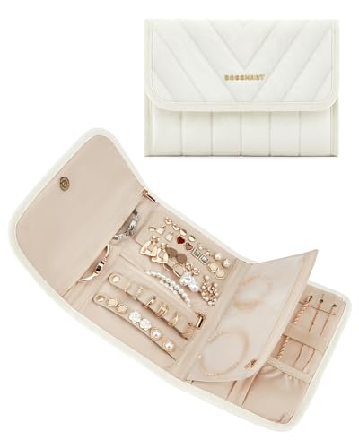 BAGSMART Travel Jewelry Organizer Case, Foldable Jewelry Roll for Necklaces, Earrings, Journey-Rings, Bracelets, Brooches, Portable, Beige - color: A-Beige, size: Medium