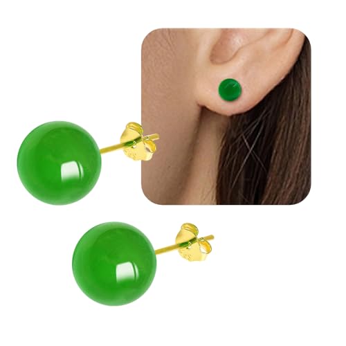 Jade Green Stud Earrings, Natural Round Beaded Agate Emerald Garnet Obsidian Gemstone Ear Studs Ball Jade Jewelry Gift, Green 8mm - color: green-6mm
