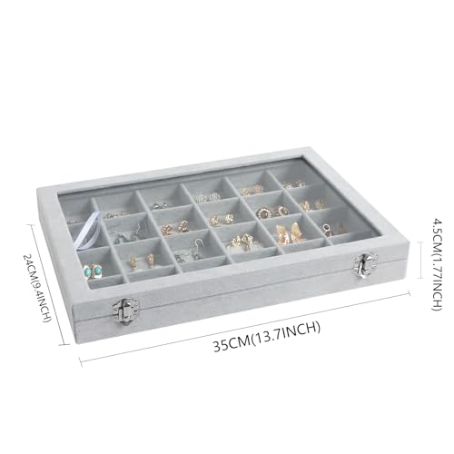 Wudygirl Jewelry Organizer Velvet Jewelry Tray 24 Grid Jewelry Box Earring Holder Organizer Removable Display Case Organizer Glass Top Lid & Lock (24 Grid) - style: 24 Grid Tray