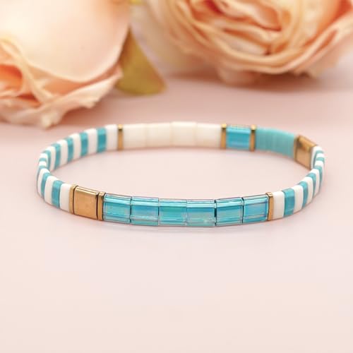 Tila Beaded Stretch Strand Bracelets for Women, Cute Boho Stackable Handmade Colorful Mixed Flat Square Beads Elastic Beach Surfer Bracelet Trendy Jewelry Friend Gift - color: 0901H