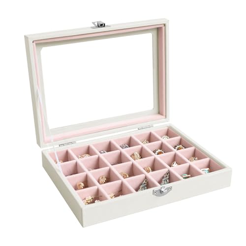 Wudygirl Small Jewelry Organizer 24 Grid Jewelry Box with Clear Lid Velvet Ring Holder Earring Organizer Jewelry Tray for Drawer Jewelry Display Case for Women Gift (Pink) - style: White Pink 24 Grid