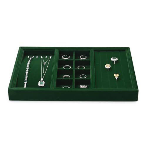 4 In 1 Velvet Jewelry Trays Jewelry Drawer Organizer Tray Stackable Jewelry Trays Necklace Bracelet Ring Earring Organizer Tray (Green) - size: 3 Grid