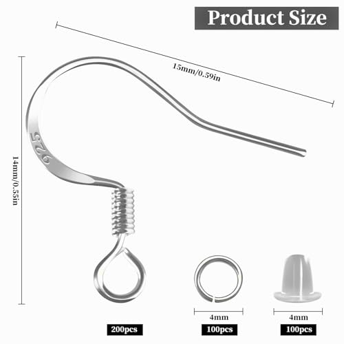 200 PCS/100 Pairs Earring Hooks 925 Sterling Silver Plated Hypoallergenic White Gold Tone Ear Wires Fish Hooks with 100 PCS Silicone Backs and Jump Rings Earring Findings for DIY Jewelry Making - color: White Gold
