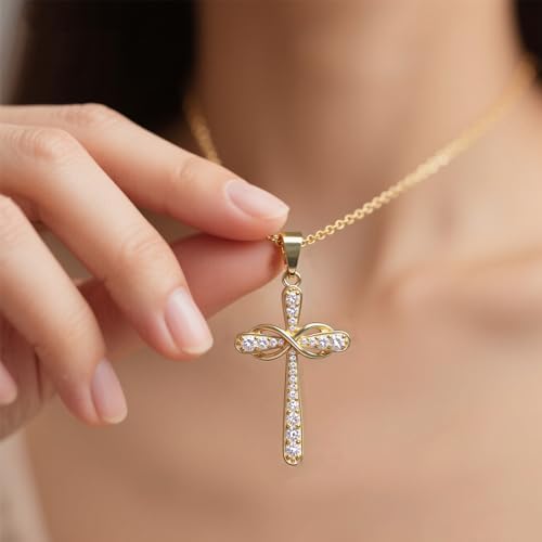 Stainless steel Cubic Zirconia Cross Necklace for Women Pendant with Chain 16"/18"+2" Perfect Jewelry Gifts for Birthday Christmas Mothers Day Wedding - size: 18+2 inches, style: 18K Gold Plated