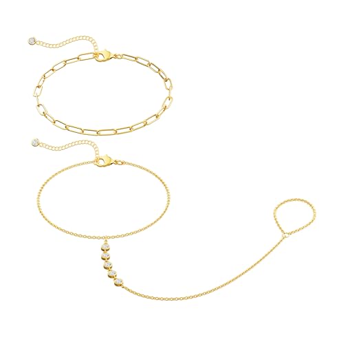 CHESKY 14K Gold Plated Hand Chain Bracelets for Women Set - Dainty Finger Ring Bracelet Stack Adjustable Hand Chains Durable Beaded Bracelets Trendy Simple Body Jewelry Gift for Women - style: cz+clip