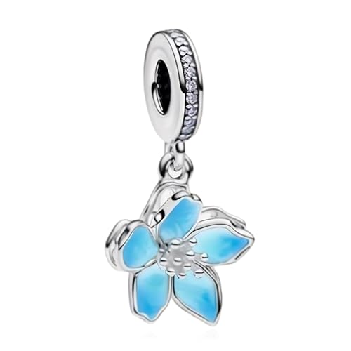 925 Silver Charms Pendants For Pandora Bracelet Golden charms Bead Safety Chain Clip set Heart Flower Animal Beads Family, Mom, Friend, Daughter, Birthday, Jewelry Gift - style: G-Blue Cherry Blossoms