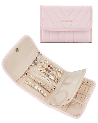 BAGSMART Travel Jewelry Organizer Case, Foldable Jewelry Roll for Necklaces, Earrings, Journey-Rings, Bracelets, Brooches, Portable, Pink - color: A-Pink, size: Medium