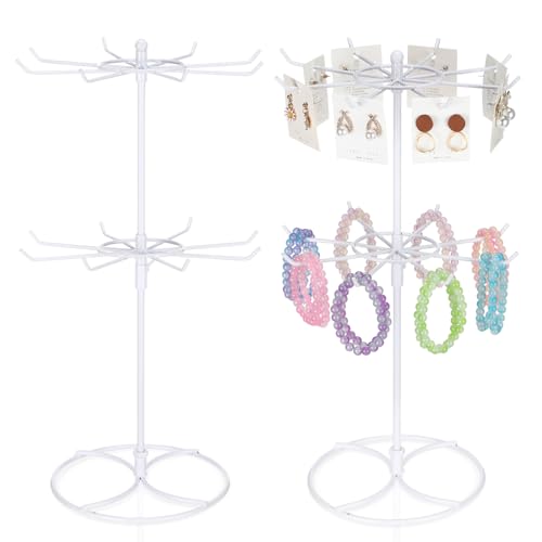 Tandefio 2 Pcs Rotating Bracelet Display Stand Jewelry Rack Metal Adjustable Display Holder with Hooks Organizer for Necklace (White,2 Tier) - color: White, size: 2 Tier