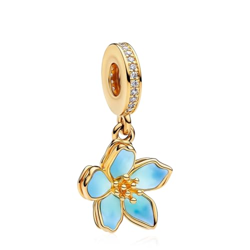925 Sterling Silver Charms for Bracelets Gold Love and Heart Charms Cherry Blossom Dangle Beads Jewelry for Women - color: Blue Cherry Blossom with Gold Rim