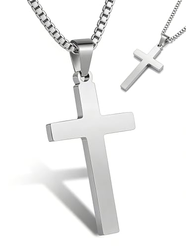 Cross Necklace for Men Silver Premium Alloy Solid Color Cross Pendant Necklace for Men Women Teens - color: Silver-Stainless Steel-26inch